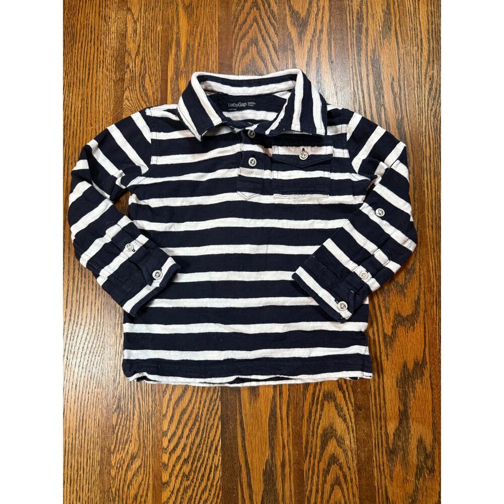 babyGap Toddler Boy Black White Striped Long Sleeve Polo Shirt Pocket Size 3T